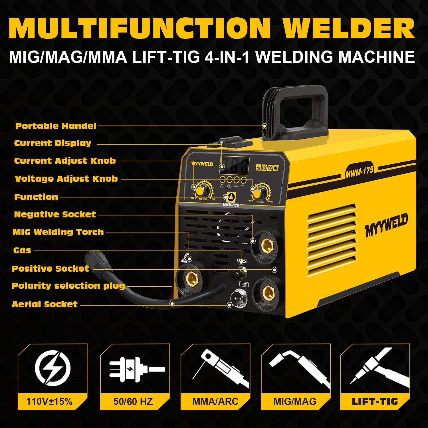 MYYWELD MWM-175 Gas/Gasless MIG/MMA/TIG 4 in 1 IGBT inverter welding  machine 110V for home and commercial use