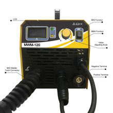 Load image into Gallery viewer, MYYWELD Mig welder, 120A 110V MIG Welding Gasless MIG/Stick Welder 2 in 1 Flux Core Wire Welding Machine No Gas IGBT Inverter
