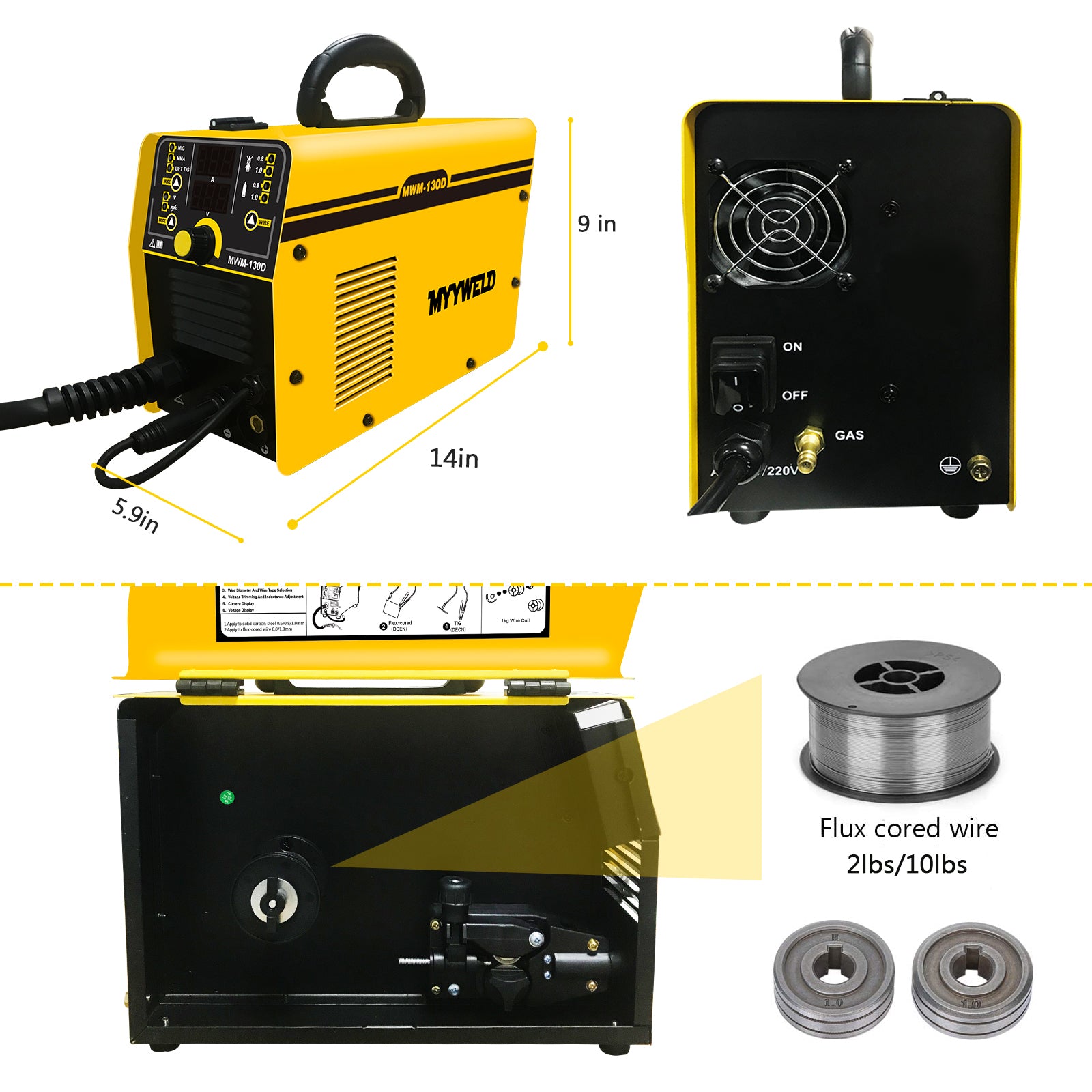 MYYWELD Mig Welder, 110/220V Dual voltage Flux MIG/Solid Wire/Stick  MMA/Lift TIG 4 in 1 Welding machine 130D, Gas/Gasless Digital panel, Flux  Core ...